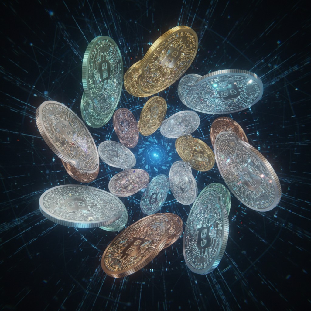 A digital image of a group of Bitcoin coins displayed in 3D style against a white background.
