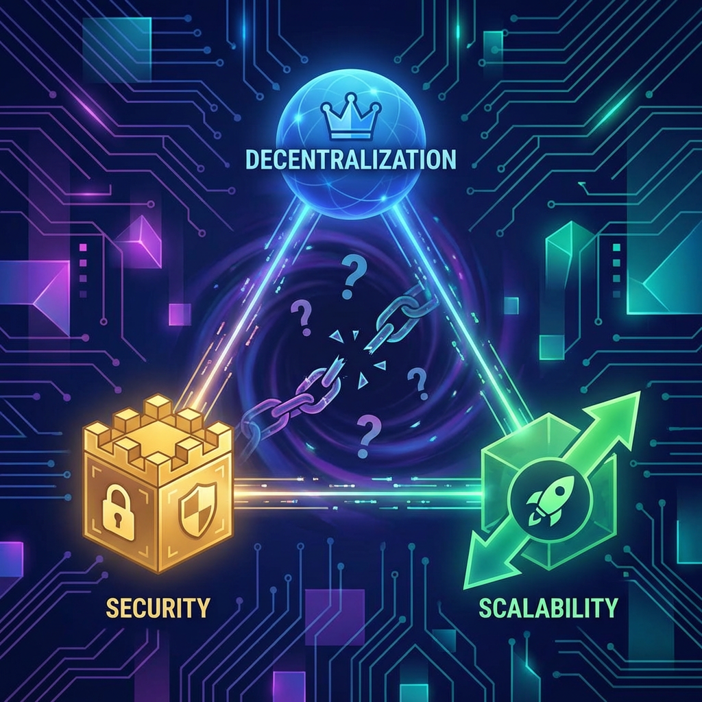 Diagram of the blockchain trilemma: Decentralization, Security, and Scalability connected by a glowing triangle.