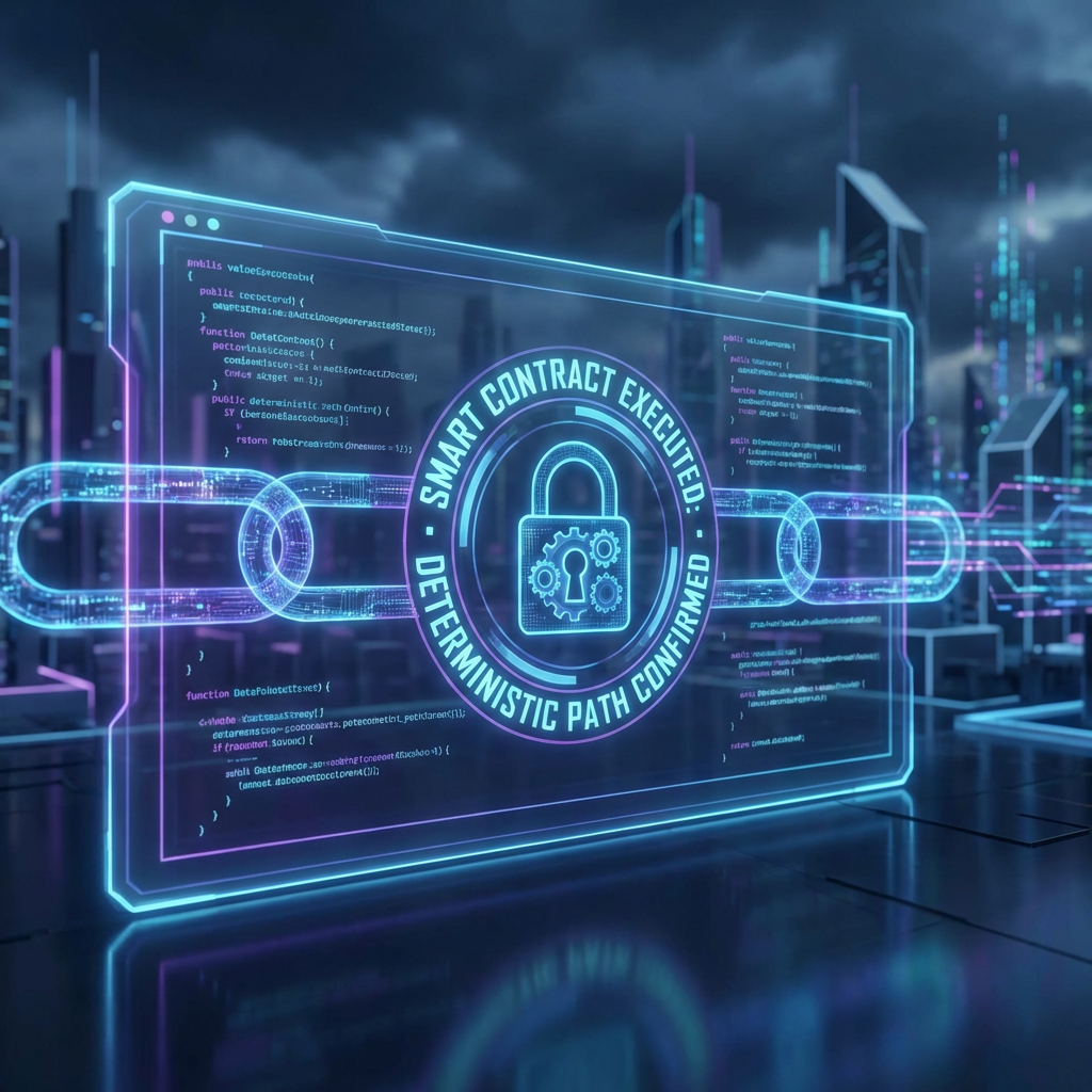 Holographic display showing SMART CONTRACT EXECUTED and DETERMINISTIC PATH CONFIRMED with a central padlock.